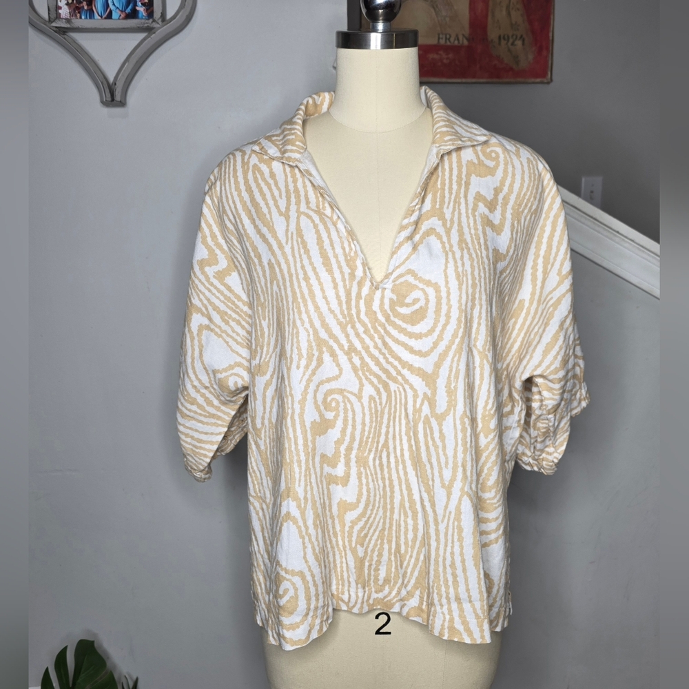 Emily McCarthy Linen Blend Shirt Beige Woodgrain Collared Size Medium